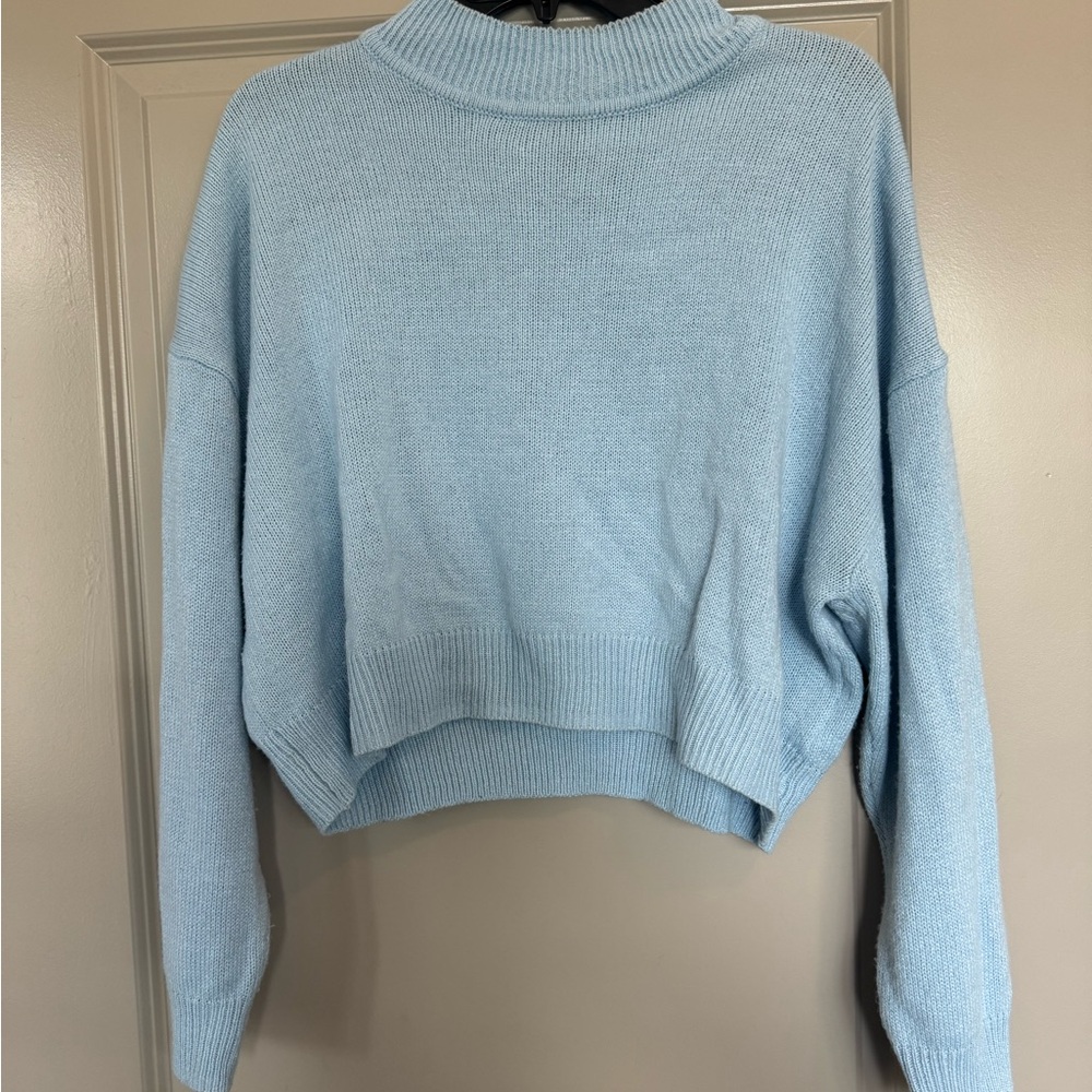 Cropped Mock Neck Light Blue Women's Sweater